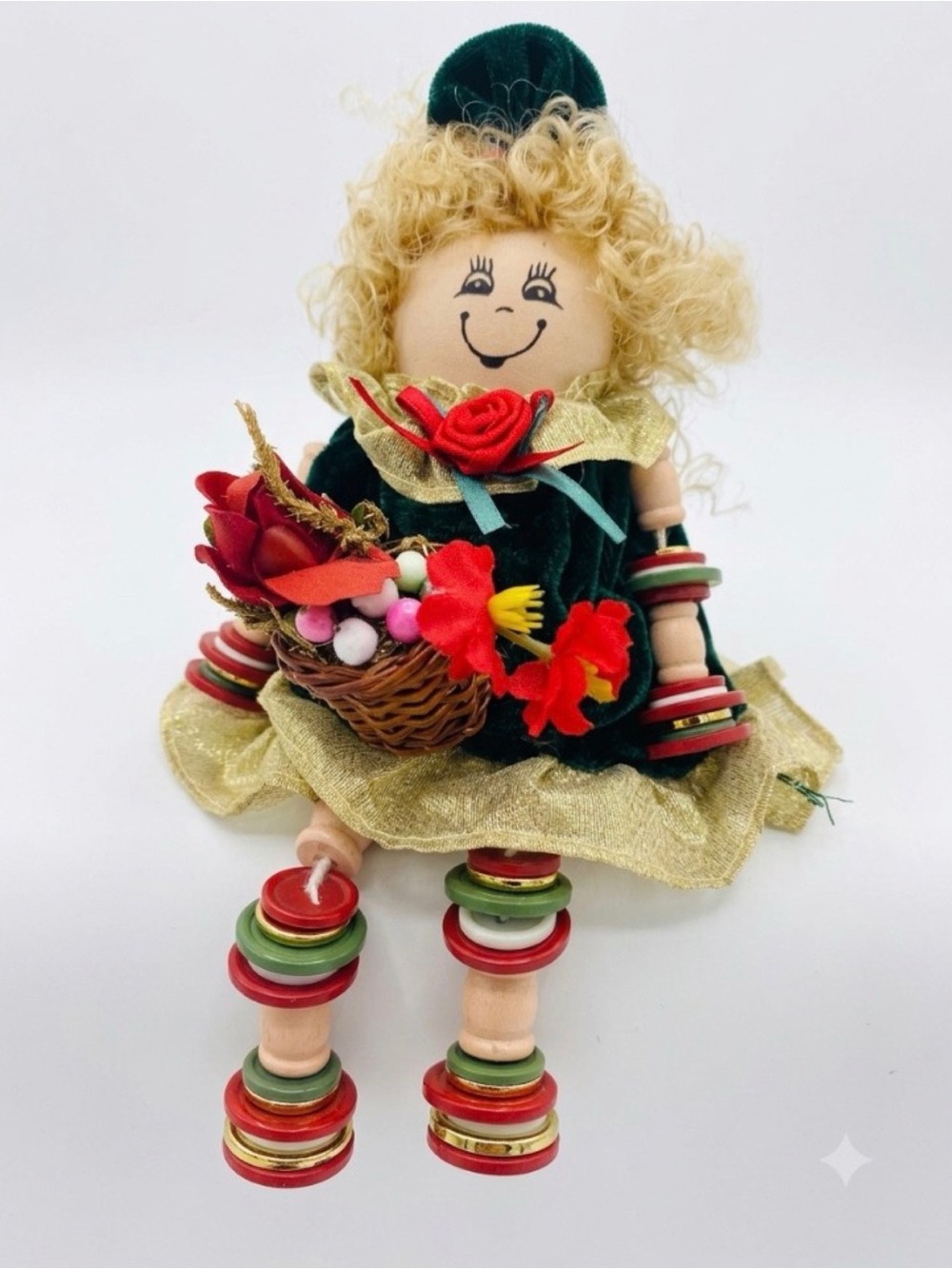 Vintage Wooden Button Spool Folk Art Collectible 8”H Doll Shelf Sitter Country